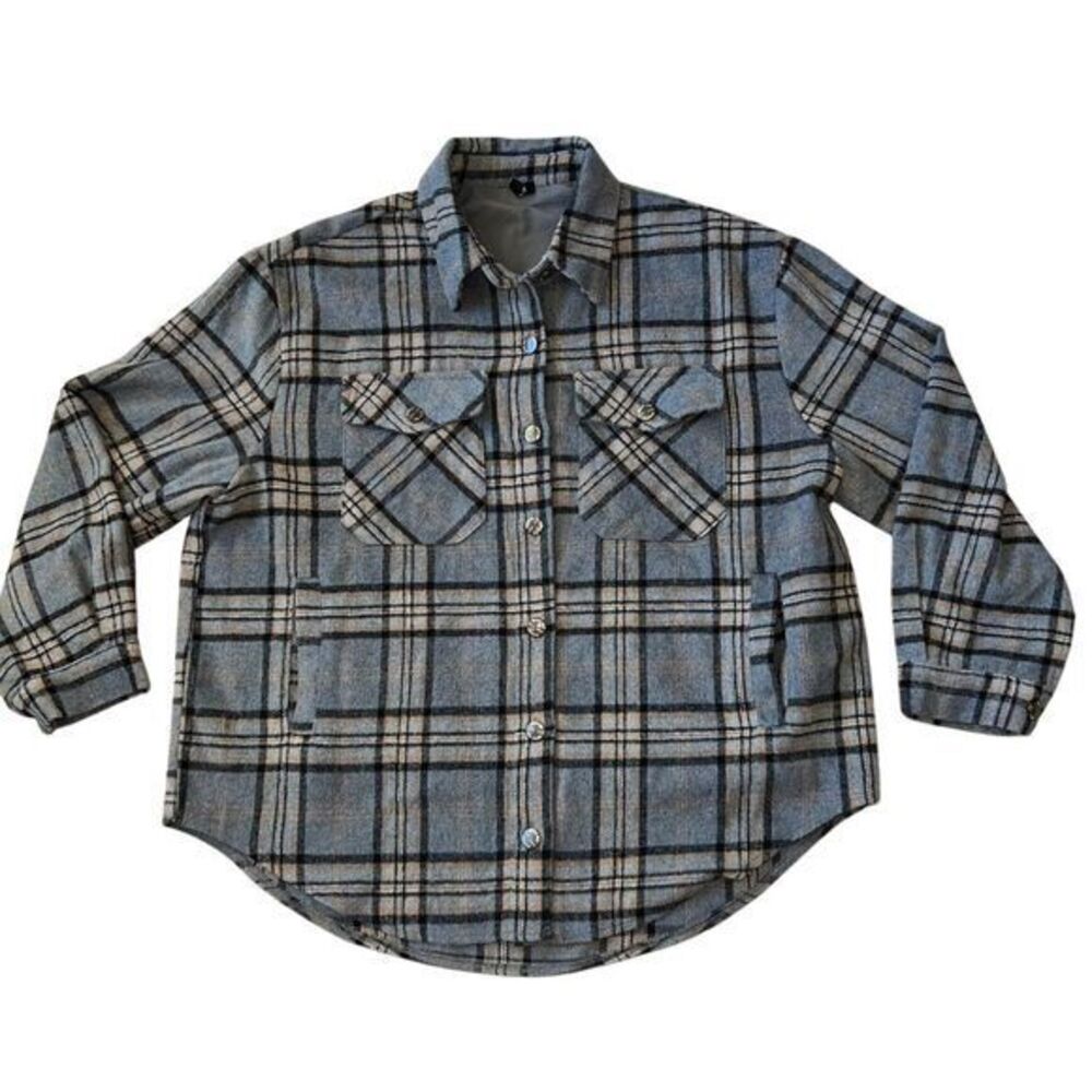 Miss Me Flannel Button Up Lined Shirt Jacket Shacket Gray Plaid Size Medium